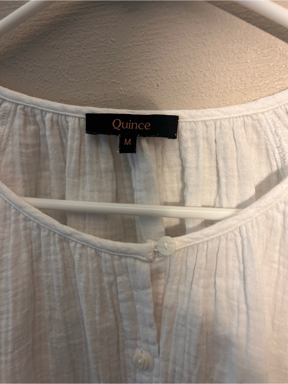 QUINCE WHITE GAUZE COLLARLESS BUTTON UP PEASANT TOP SIZE MEDIUM - Picture 2 of 8
